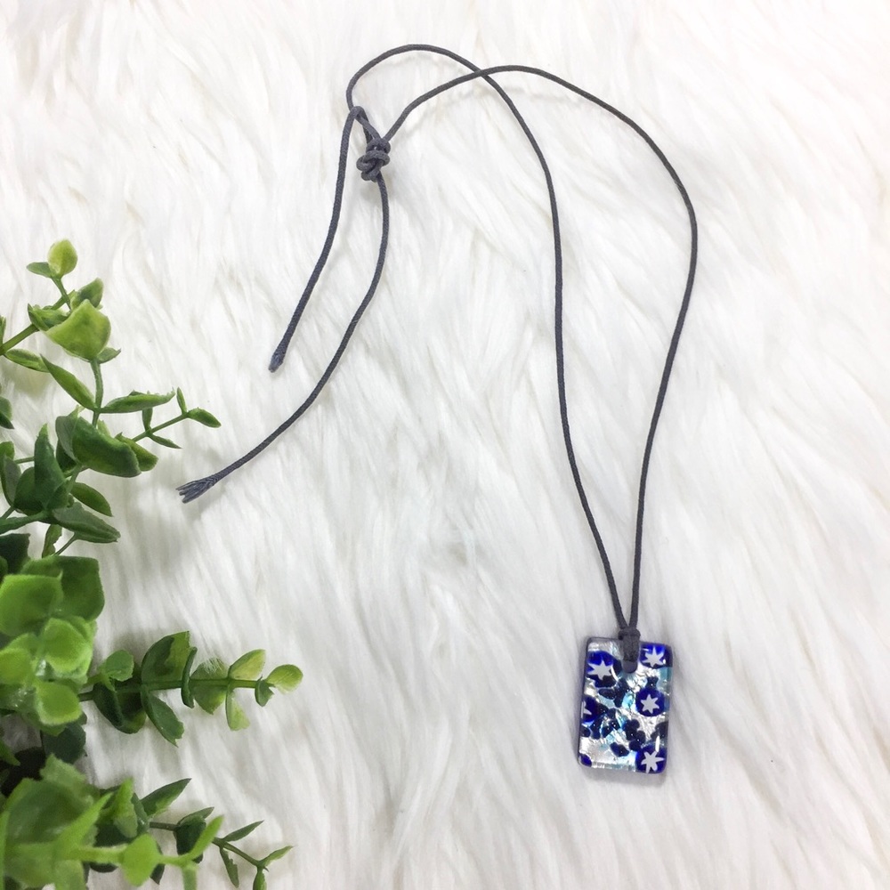 Glass Pendant Chocker Blue Rectangle w/White Stars